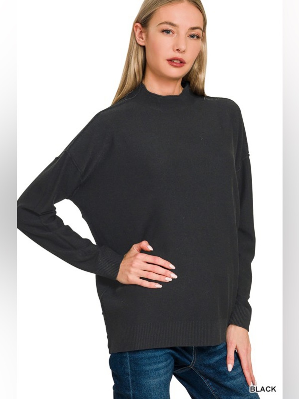 NWT Zenana Black Viscose Mock Neck Exposed Seam Sweater